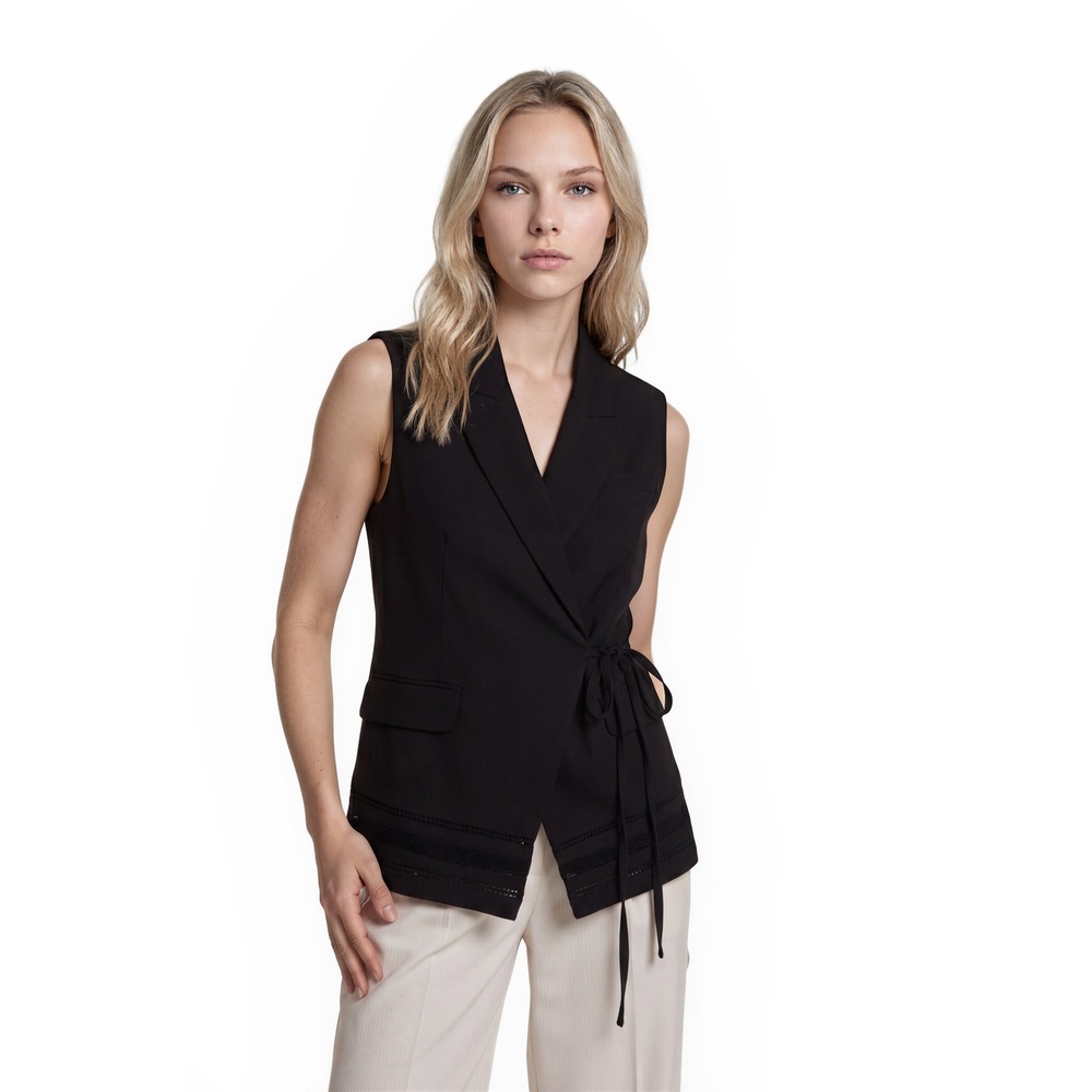 NEW White House Black Market Long Vest Women's Size 6 Black Linen Blend Lace Hem
